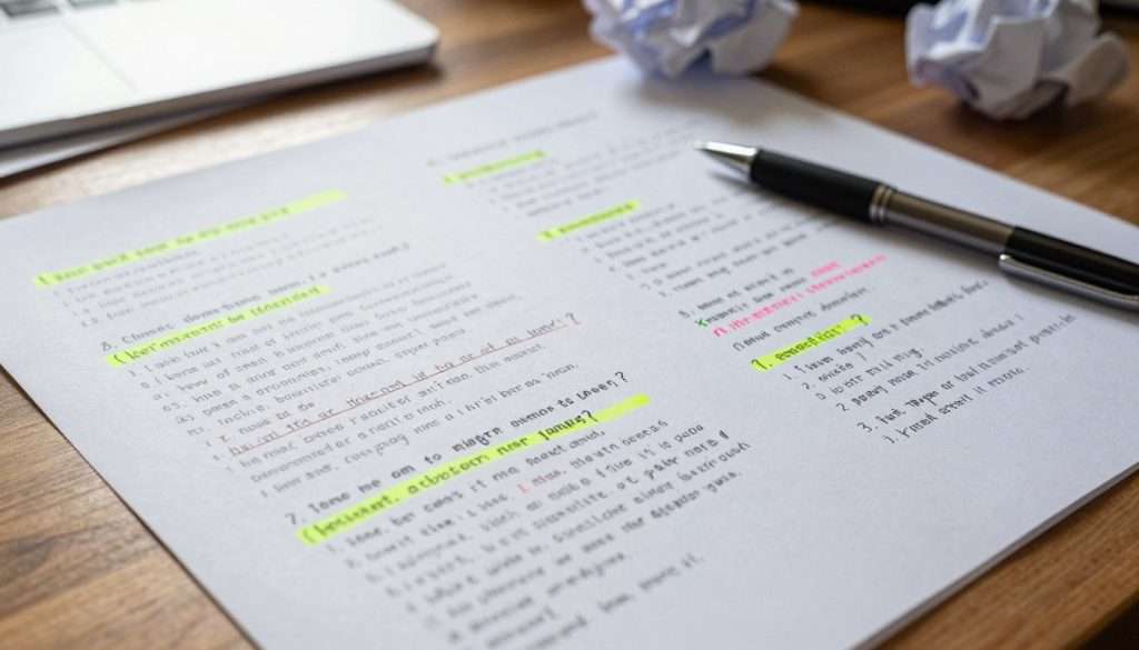 A close-up view of a rough essay draft spread out on a wooden desk. The paper is filled with handwritten notes, with multiple questions marked in bright colors for later revision. A well-used pen lies nearby, and crumpled pages can be seen partially in the background, indicating brainstorming and drafting. Soft, natural lighting filters in from a nearby window, casting gentle shadows that enhance the texture of the paper. The atmosphere conveys a sense of calm focus and determination, inviting viewers to reflect on the process of improvement and learning. The overall composition is organized, yet slightly chaotic, representing the often overwhelming journey of studying and writing.