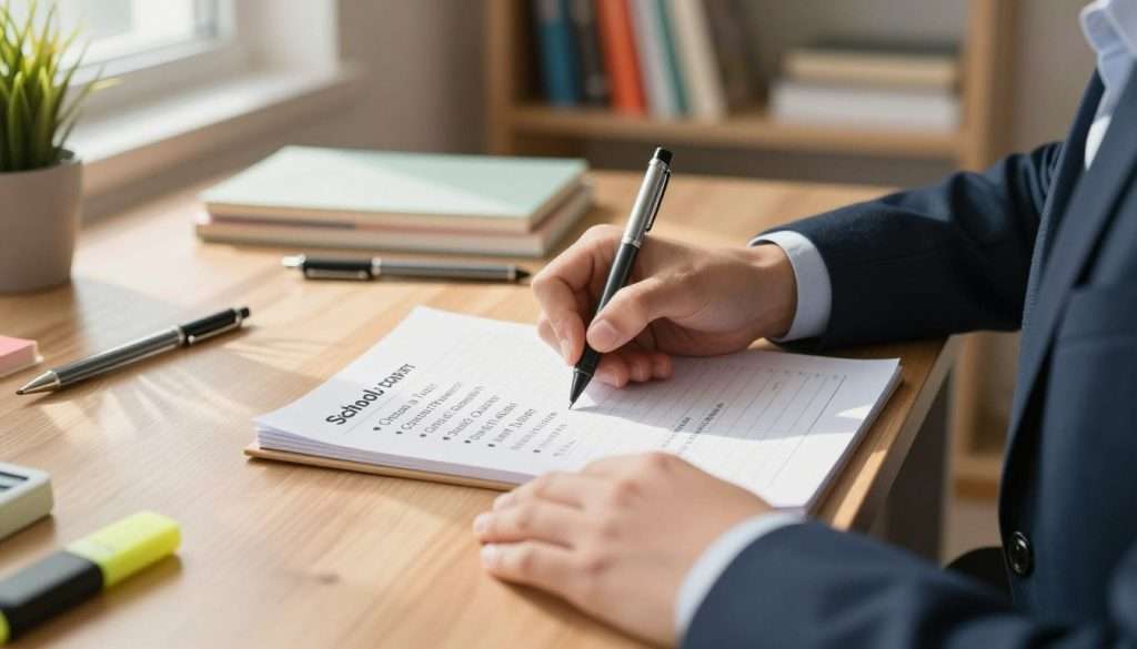 A close-up view of a student’s hand writing on a school checklist. The checklist prominently features neatly organized steps for writing a research paper, with bullet points like "Choose a Topic," "Conduct Research," and "Draft Outline." The student, dressed in smart casual attire, is focused and engaged. The scene is set on a wooden desk with scattered stationery, such as pens and a highlighter, creating an academic environment. Soft daylight filters in from a nearby window, casting gentle shadows that enhance the calm atmosphere. The background includes a bookshelf filled with colorful textbooks and a small potted plant for a touch of greenery, emphasizing a studious yet inviting workspace.