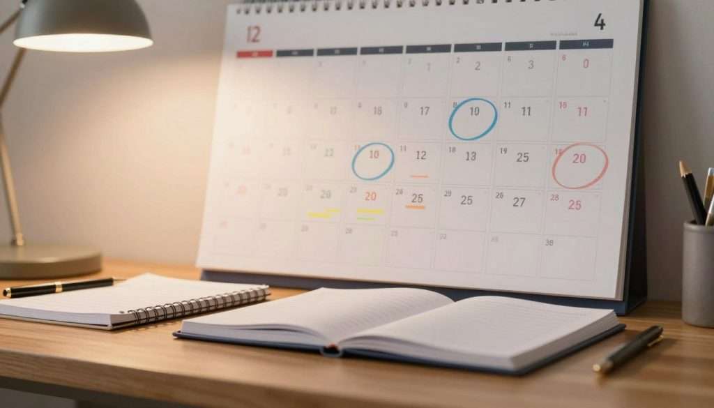 A close-up view of a wall calendar prominently displaying several days circled or highlighted, symbolizing a spaced repetition review schedule. The foreground features a sleek wooden desk with study materials, such as notebooks and pens, neatly arranged. In the middle, the open calendar page is rich with colorful marks on strategically spaced dates, showcasing a systematic approach to studying. The background is softly blurred, hinting at a cozy study room with a warm lamp casting a gentle glow, creating a focused atmosphere. The overall mood conveys organization and dedication to learning, emphasizing the importance of memory retention techniques. The lighting is warm and inviting, enhancing the feeling of an inspiring and productive workspace.