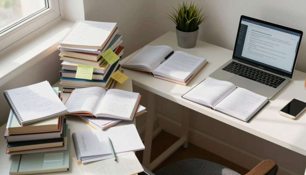 A cluttered workspace featuring a jumble of notes, textbooks, sticky notes, and a laptop on one side, representing chaos and confusion in learning. Beside it, a tidy tutorial example with organized notebooks, a clean laptop, and a neatly arranged desk, illustrating clarity and structured learning. The foreground focuses on the contrasting messiness of the cluttered side, while the curated layout of the tidy side embodies a serene educational environment. Soft, diffused natural light streams in from a nearby window, casting gentle shadows. The overall mood is one of juxtaposition—signifying the struggle of understanding complex deep learning concepts amidst disorder. The scene is shot from an overhead angle to capture both sides clearly while maintaining a cohesive perspective.