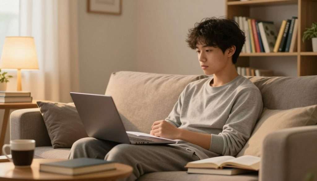 A college student sitting on a cozy, well-lit sofa, looking relaxed and contemplative before diving into studying. The student is dressed in comfortable loungewear, with books and a laptop opened casually beside them. Soft golden light from a nearby lamp creates a warm, inviting atmosphere, while a coffee mug rests on a small table, suggesting a break after a tiring day. In the background, a bookshelf filled with colorful books and plants adds depth, hinting at the student’s passion for learning. The overall mood is tranquil and focused, reflecting the moment of rest that prepares the mind for study. The scene is captured from a slight angle, showcasing both the student and the environment, enhancing the intimate feel of the space.