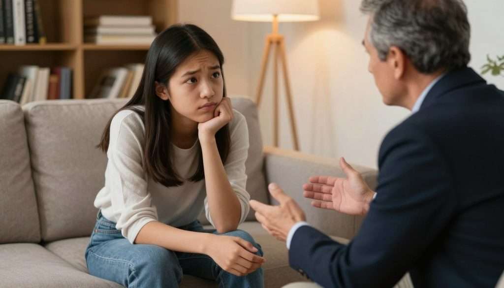 A concerned student, wearing a smart casual outfit, sits on a comfortable sofa in a warmly lit room, leaning forward with a thoughtful expression. In front of them is a trusted mentor, dressed in professional attire, offering a reassuring and attentive presence. The mentor gesticulates softly, creating an engaging dialogue. In the background, a bookshelf filled with academic texts and motivational quotes enhances the atmosphere of support and wisdom. Soft, diffused lighting casts a gentle glow, suggesting a safe space for open conversation. The overall mood is calm and encouraging, inviting viewers to feel a sense of understanding and connection. The perspective is slightly elevated, capturing the intensity and sincerity of the discussion. A concerned student, wearing a smart casual outfit, sits on a comfortable sofa in a warmly lit room, leaning forward with a thoughtful expression. In front of them is a trusted mentor, dressed in professional attire, offering a reassuring and attentive presence. The mentor gesticulates softly, creating an engaging dialogue. In the background, a bookshelf filled with academic texts and motivational quotes enhances the atmosphere of support and wisdom. Soft, diffused lighting casts a gentle glow, suggesting a safe space for open conversation. The overall mood is calm and encouraging, inviting viewers to feel a sense of understanding and connection. The perspective is slightly elevated, capturing the intensity and sincerity of the discussion.