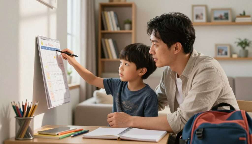 A cozy family scene in a well-lit living room, focusing on a parent and a child checking the school calendar together. The parent, dressed in casual yet professional attire, holds a pen in one hand while pointing at a colorful calendar on a wall. The child, wearing a modest graphic t-shirt, looks eager and focused, surrounded by school supplies like notebooks and a backpack on a nearby table. In the background, there are shelves filled with books and framed pictures, creating a warm, inviting atmosphere of family bonding. Soft afternoon light streams in through a window, casting gentle shadows. Capture this moment with a medium shot that emphasizes their expressions and the school calendar, conveying a mood of collaboration and excitement. A cozy family scene in a well-lit living room, focusing on a parent and a child checking the school calendar together. The parent, dressed in casual yet professional attire, holds a pen in one hand while pointing at a colorful calendar on a wall. The child, wearing a modest graphic t-shirt, looks eager and focused, surrounded by school supplies like notebooks and a backpack on a nearby table. In the background, there are shelves filled with books and framed pictures, creating a warm, inviting atmosphere of family bonding. Soft afternoon light streams in through a window, casting gentle shadows. Capture this moment with a medium shot that emphasizes their expressions and the school calendar, conveying a mood of collaboration and excitement.