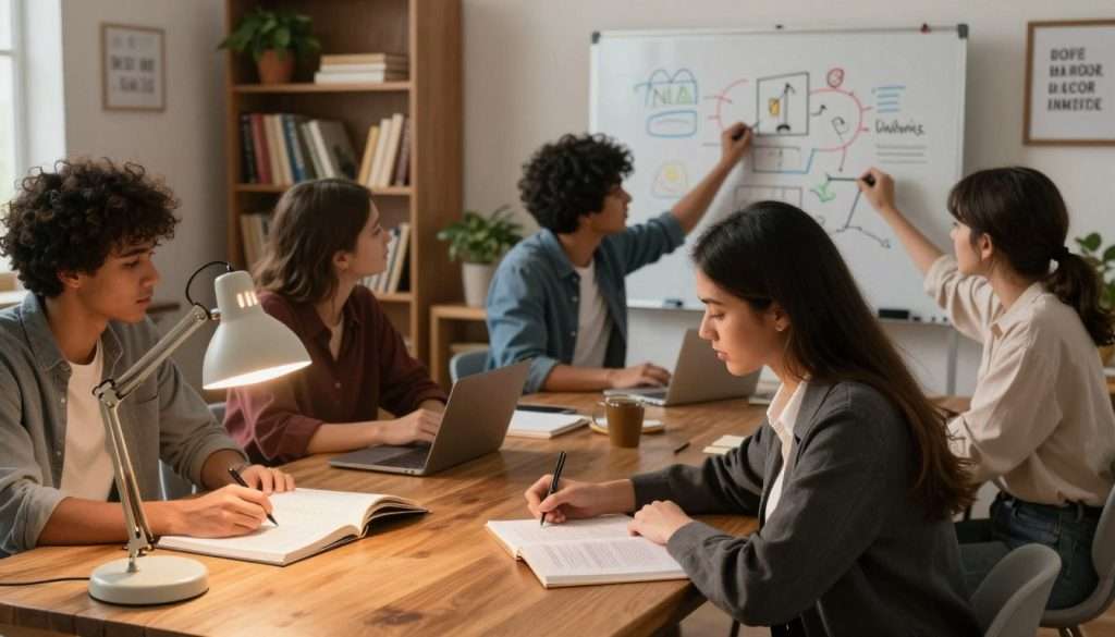 A cozy study environment featuring a diverse group of students seated around a large wooden table, deeply engaged in collaborative learning. In the foreground, a young woman, dressed in smart casual attire, is taking notes while looking at an open textbook, illuminated by warm, soft lighting from a nearby desk lamp. In the middle, another student is writing on a whiteboard filled with colorful diagrams, actively explaining concepts. The background showcases bookshelves filled with various books, a potted plant, and motivational quotes framed on the walls. The overall atmosphere is focused and encouraging, highlighting effective study habits and teamwork in a stimulating learning space. The angle is slightly elevated to capture all the elements harmoniously.