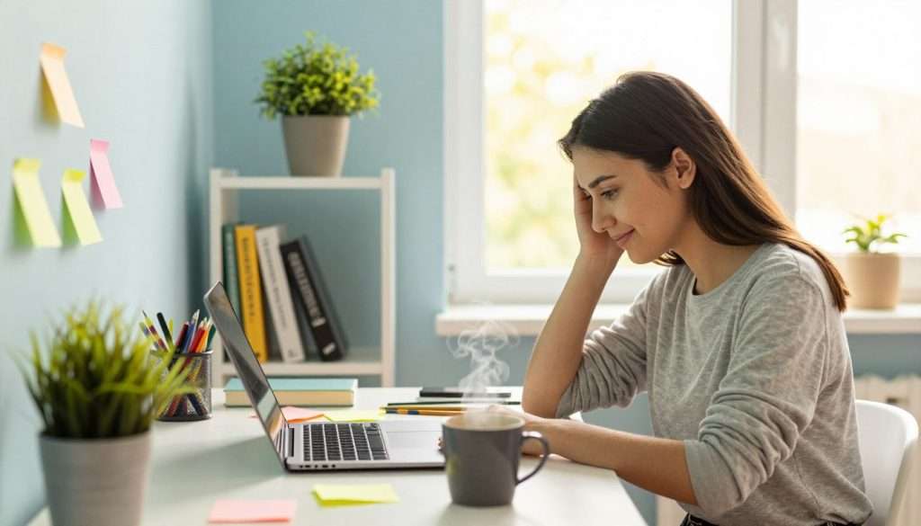 A cozy study space that inspires productivity for students, featuring a well-organized desk with an open laptop, colorful sticky notes scattered around, and a steaming mug of coffee. In the foreground, a focused female student in modest casual clothing sits at the desk, absorbed in her work, with a slight smile on her face, suggesting she has overcome her initial fatigue. The middle ground showcases a bookshelf filled with motivational books and a potted plant, adding a touch of life to the scene. In the background, a large window lets in warm, natural light, enhancing the inviting atmosphere. Soft, energizing colors like light blue and yellow dominate the scene, creating an uplifting and motivating mood. A cozy study space that inspires productivity for students, featuring a well-organized desk with an open laptop, colorful sticky notes scattered around, and a steaming mug of coffee. In the foreground, a focused female student in modest casual clothing sits at the desk, absorbed in her work, with a slight smile on her face, suggesting she has overcome her initial fatigue. The middle ground showcases a bookshelf filled with motivational books and a potted plant, adding a touch of life to the scene. In the background, a large window lets in warm, natural light, enhancing the inviting atmosphere. Soft, energizing colors like light blue and yellow dominate the scene, creating an uplifting and motivating mood.