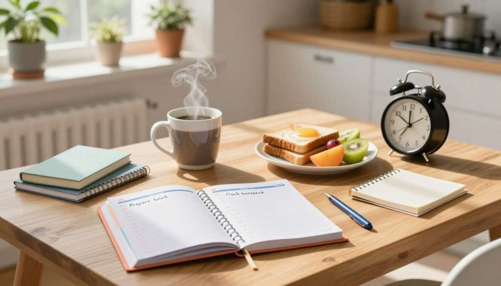 A cozy, well-lit morning scene depicting a layered morning schedule on a simple wooden table, with various school-related tasks neatly arranged. In the foreground, a colorful planner opened to show tasks like "Prepare lunch," "Pack backpack," and "Check homework." The middle layer features a mug of steaming coffee, a breakfast plate with toast and fruit, and a clock displaying 7:30 AM. In the background, a sunlit kitchen with potted plants on the windowsill, casting gentle shadows. The atmosphere is calm and organized, conveying a sense of productivity and readiness for the day ahead. Natural light fills the room, creating a warm and inviting ambiance. A cozy, well-lit morning scene depicting a layered morning schedule on a simple wooden table, with various school-related tasks neatly arranged. In the foreground, a colorful planner opened to show tasks like "Prepare lunch," "Pack backpack," and "Check homework." The middle layer features a mug of steaming coffee, a breakfast plate with toast and fruit, and a clock displaying 7:30 AM. In the background, a sunlit kitchen with potted plants on the windowsill, casting gentle shadows. The atmosphere is calm and organized, conveying a sense of productivity and readiness for the day ahead. Natural light fills the room, creating a warm and inviting ambiance.