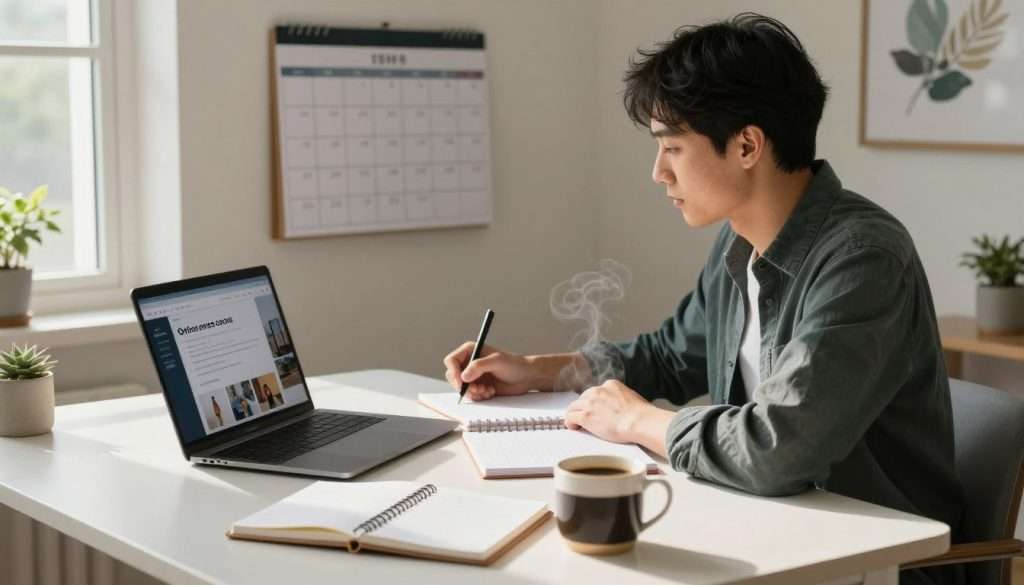 A cozy, well-organized study space reflecting effective time management for online courses. In the foreground, a modern desk with a laptop open to an online course, alongside notebooks, a planner, and a steaming cup of coffee. The middle ground features a focused individual, dressed in smart casual attire, actively taking notes while looking at the screen. Soft, natural lighting from a nearby window casts gentle shadows, enhancing an inviting atmosphere. In the background, a wall-mounted calendar highlights important deadlines and an inspiring wall art piece that signifies motivation. The overall mood is one of productivity and determination, emphasizing a serene yet engaged study environment. A cozy, well-organized study space reflecting effective time management for online courses. In the foreground, a modern desk with a laptop open to an online course, alongside notebooks, a planner, and a steaming cup of coffee. The middle ground features a focused individual, dressed in smart casual attire, actively taking notes while looking at the screen. Soft, natural lighting from a nearby window casts gentle shadows, enhancing an inviting atmosphere. In the background, a wall-mounted calendar highlights important deadlines and an inspiring wall art piece that signifies motivation. The overall mood is one of productivity and determination, emphasizing a serene yet engaged study environment.