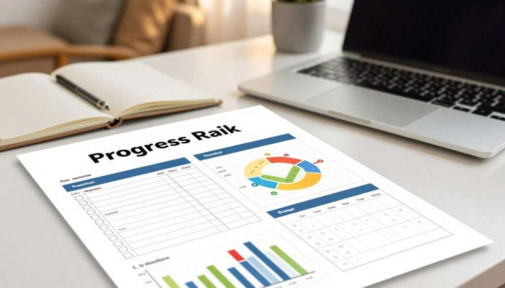 A creative and organized writing progress tracker displayed prominently in the foreground, showcasing colorful charts and graphs filled with visual progress indicators. Include an aesthetically pleasing layout with checkboxes and a calendar to emphasize systematic tracking. In the middle ground, a clean, modern workspace featuring a neatly arranged desk with a laptop, notepad, and writing tools, bathed in warm, soft lighting to create an inviting atmosphere. The background should feature a cozy reading nook, softly blurred, enhancing the focus on the tracker in the foreground. Use a top-down perspective with a slight tilt for a dynamic angle. The overall mood is motivational and encouraging, embodying a sense of growth and diligence in writing.