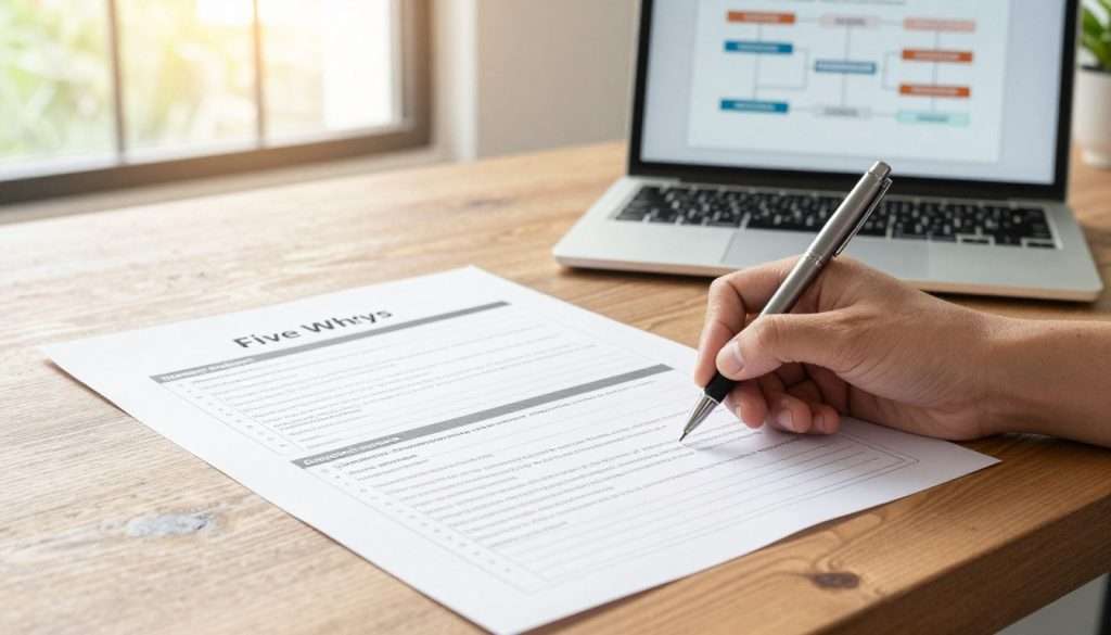 A detailed and organized Five Whys worksheet laid out on a wooden desk, showcasing sections for identifying a problem, evidence, and corrective actions. In the foreground, a professional-looking hand writes down information on the worksheet with a sleek pen. The mid-background features a laptop displaying a flowchart related to problem-solving. In the far background, natural light streams in from a large window, creating a warm, inviting atmosphere, while subtle reflections of indoor plants are visible. The scene captures a mood of productivity and analytical thinking, emphasizing clarity and focus. The entire setting is tidy and well-arranged, reflecting a professional business environment.