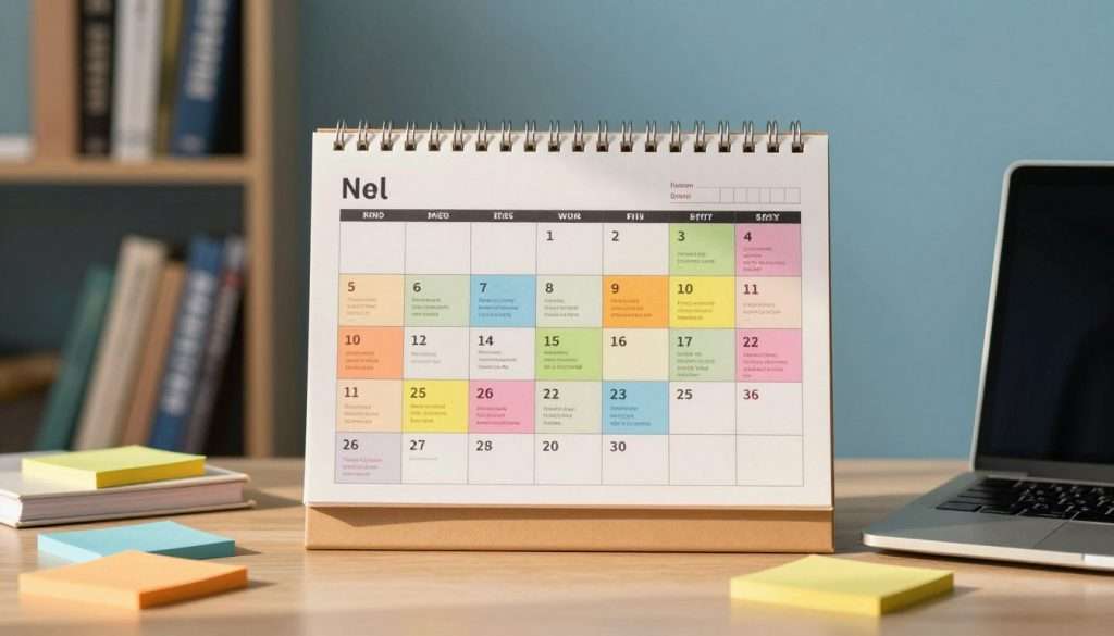 A detailed vocabulary calendar featuring a weekly layout, prominently displaying review days set against a soft blue backdrop. The foreground includes a neatly organized desk scene with colorful sticky notes and a sleek laptop. In the middle, the calendar itself is featured, with each day of the week represented by distinct, vibrant colors that highlight review tasks. The lighting is warm and inviting, casting gentle shadows to create depth. The background features a blurred bookshelf filled with educational materials, enhancing the theme of study and learning. The mood is focused and motivational, inspiring a sense of determination and productivity in mastering vocabulary.