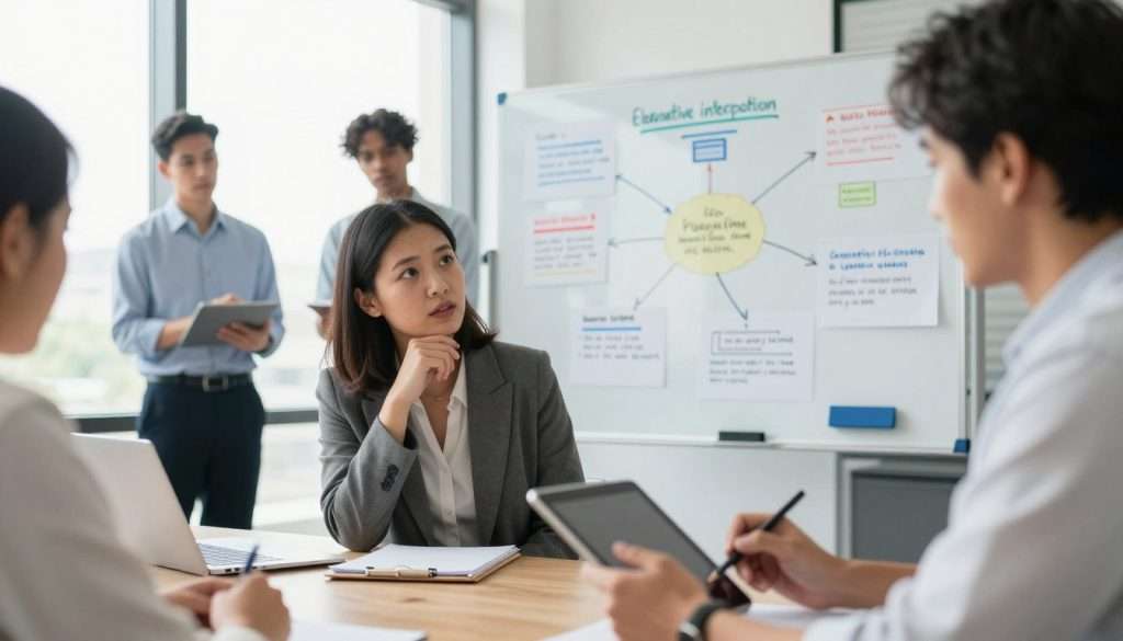 A diverse group of professionals in a modern office setting, engaged in a collaborative brainstorming session. In the foreground, a woman in business attire is thoughtfully asking a question, while a man adjacent to her takes notes on a tablet, both exhibiting expressions of curiosity and engagement. In the middle ground, a whiteboard filled with colorful mind maps and diagrams highlights various academic subjects, symbolizing the application of elaborative interrogation across disciplines. The background features bright natural light streaming through large windows, enhancing the open atmosphere. The scene conveys a mood of intellectual exploration, teamwork, and critical thinking. The camera angle is slightly elevated, providing a clear view of the interaction and the visual aids present.