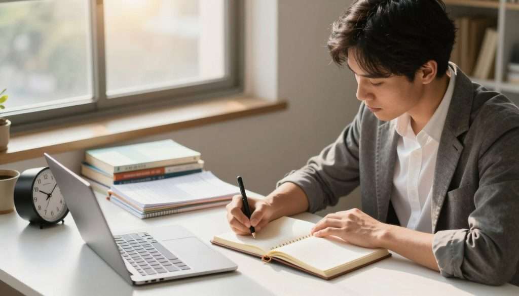 A dynamic and organized workspace illustrating time management strategies, featuring a stylish desk with a planner, clock, and laptop. In the foreground, a young professional dressed in smart casual attire is actively writing in the planner, showcasing focus and productivity. The middle layer includes books and study materials neatly arranged, along with a cup of coffee, symbolizing energy and study balance. In the background, a large window lets in warm, natural light, creating an inviting atmosphere that promotes concentration and efficiency. The overall mood is one of calm determination, as soft sunlight casts gentle shadows, enhancing the feeling of a productive study environment. The image should be well-composed with a slight depth of field effect, emphasizing the foreground details. A dynamic and organized workspace illustrating time management strategies, featuring a stylish desk with a planner, clock, and laptop. In the foreground, a young professional dressed in smart casual attire is actively writing in the planner, showcasing focus and productivity. The middle layer includes books and study materials neatly arranged, along with a cup of coffee, symbolizing energy and study balance. In the background, a large window lets in warm, natural light, creating an inviting atmosphere that promotes concentration and efficiency. The overall mood is one of calm determination, as soft sunlight casts gentle shadows, enhancing the feeling of a productive study environment. The image should be well-composed with a slight depth of field effect, emphasizing the foreground details.