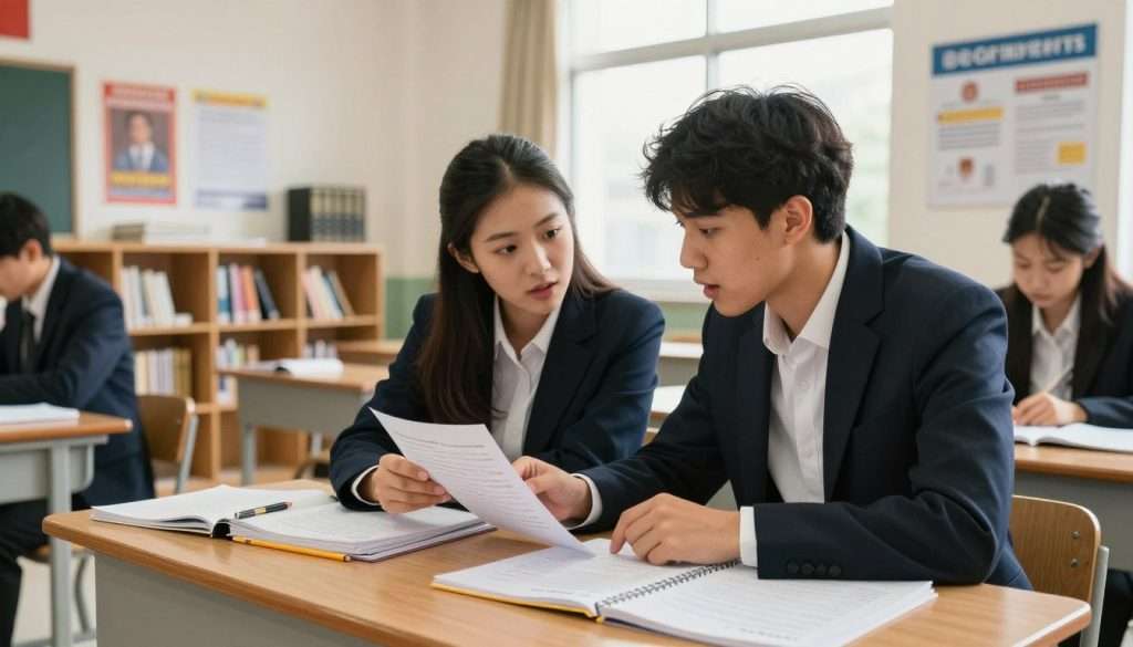 A dynamic classroom scene featuring two students in professional business attire, actively comparing their answers about important historical dates. The foreground showcases a wooden desk cluttered with notebooks and pencils, while the students, one male and one female, lean in towards each other, their expressions animated and engaged. In the middle ground, shelves filled with history books and educational posters enhance the scholarly atmosphere. The background depicts a well-lit classroom with large windows allowing natural light to filter in, casting soft shadows. The mood is collaborative and focused, reflecting a supportive learning environment. The camera angle is slightly elevated to capture the interaction clearly while highlighting the vibrant colors of the classroom. A dynamic classroom scene featuring two students in professional business attire, actively comparing their answers about important historical dates. The foreground showcases a wooden desk cluttered with notebooks and pencils, while the students, one male and one female, lean in towards each other, their expressions animated and engaged. In the middle ground, shelves filled with history books and educational posters enhance the scholarly atmosphere. The background depicts a well-lit classroom with large windows allowing natural light to filter in, casting soft shadows. The mood is collaborative and focused, reflecting a supportive learning environment. The camera angle is slightly elevated to capture the interaction clearly while highlighting the vibrant colors of the classroom.