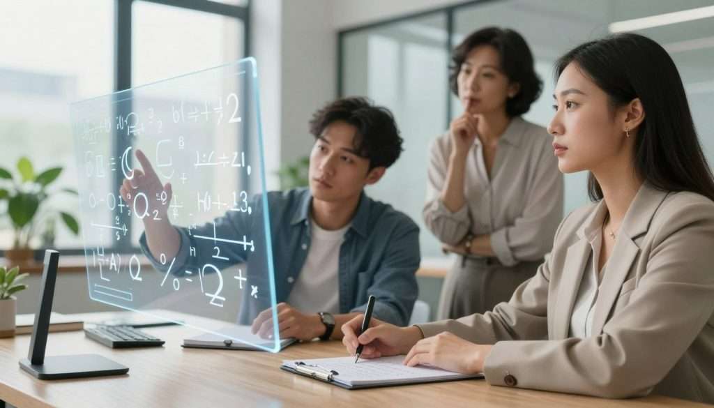 A dynamic scene illustrating mental math, featuring a diverse group of three professionals engaged in a collaborative brainstorming session. In the foreground, one person, a woman in smart casual attire, is calculating numbers on a transparent digital interface, showcasing a variety of floating mathematical symbols and equations. In the middle, a focused man in business attire is jotting down quick calculations on a notepad, while another individual, a middle-aged woman in a modest blouse, is thoughtfully reviewing a visualization of a math problem projected in 3D. The background depicts a modern office environment bathed in bright, natural light filtering through large windows, with plants enhancing the inviting atmosphere. The overall mood is energized yet contemplative, embodying the essence of strengthening number sense through mental math and estimation. A dynamic scene illustrating mental math, featuring a diverse group of three professionals engaged in a collaborative brainstorming session. In the foreground, one person, a woman in smart casual attire, is calculating numbers on a transparent digital interface, showcasing a variety of floating mathematical symbols and equations. In the middle, a focused man in business attire is jotting down quick calculations on a notepad, while another individual, a middle-aged woman in a modest blouse, is thoughtfully reviewing a visualization of a math problem projected in 3D. The background depicts a modern office environment bathed in bright, natural light filtering through large windows, with plants enhancing the inviting atmosphere. The overall mood is energized yet contemplative, embodying the essence of strengthening number sense through mental math and estimation.