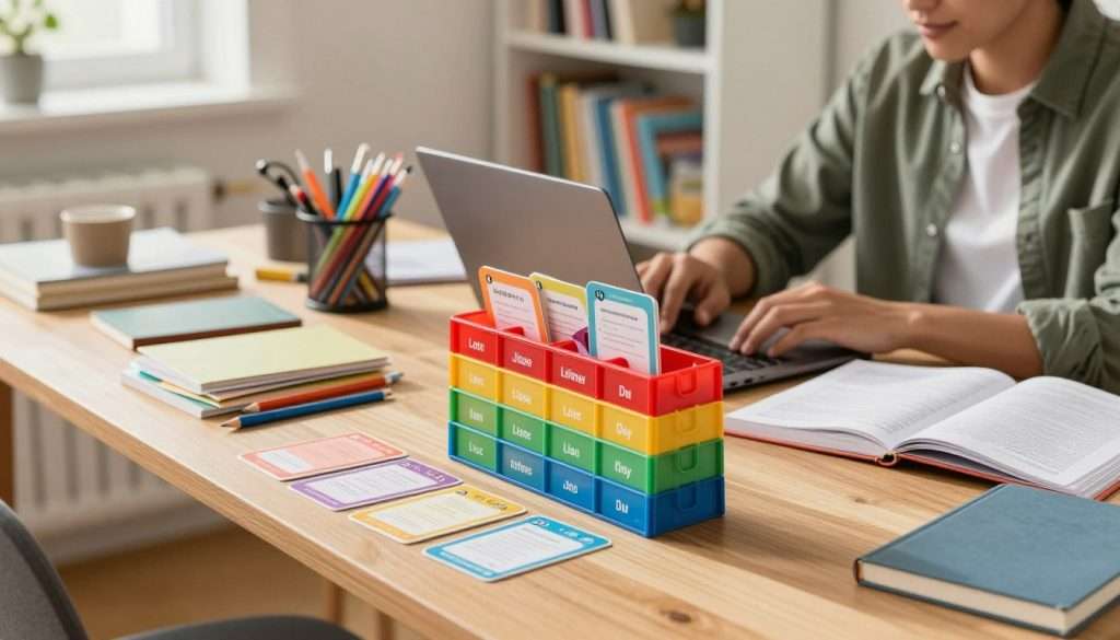 A dynamic scene of a modern, organized study space featuring a wooden desk and a focused individual in smart casual attire. In the foreground, fresh, colorful flashcards are being added to a vibrant, tiered Leitner box system, showcasing different levels for spaced repetition. The middle ground includes neatly arranged stationery and a laptop with open study materials. The background is softly blurred, revealing a well-lit room with bookshelves filled with educational resources. Natural light streams in from a window, creating a warm and inviting atmosphere. The composition captures the essence of effective learning and productivity, evoking motivation and focus in an academic setting. A dynamic scene of a modern, organized study space featuring a wooden desk and a focused individual in smart casual attire. In the foreground, fresh, colorful flashcards are being added to a vibrant, tiered Leitner box system, showcasing different levels for spaced repetition. The middle ground includes neatly arranged stationery and a laptop with open study materials. The background is softly blurred, revealing a well-lit room with bookshelves filled with educational resources. Natural light streams in from a window, creating a warm and inviting atmosphere. The composition captures the essence of effective learning and productivity, evoking motivation and focus in an academic setting.