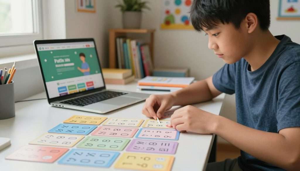 A focused and engaged math learner, a young person of Asian descent, sits at a neat desk, diligently sorting through a pile of colorful multiplication and division problem cards. In the foreground, an organized collection of these cards is spread out in an array, showcasing a mix of simple and complex arithmetic problems. In the middle ground, a laptop displays a vibrant educational website, casting a soft light onto the learner’s face, highlighting their concentration and determination. The background features a tidy, well-lit study environment with bookshelves and educational posters, emphasizing a learning atmosphere. The warm, natural light flowing in from a nearby window enhances a sense of calm and focus, while the overall composition conveys the commitment to mastering math concepts through active problem-solving techniques. A focused and engaged math learner, a young person of Asian descent, sits at a neat desk, diligently sorting through a pile of colorful multiplication and division problem cards. In the foreground, an organized collection of these cards is spread out in an array, showcasing a mix of simple and complex arithmetic problems. In the middle ground, a laptop displays a vibrant educational website, casting a soft light onto the learner’s face, highlighting their concentration and determination. The background features a tidy, well-lit study environment with bookshelves and educational posters, emphasizing a learning atmosphere. The warm, natural light flowing in from a nearby window enhances a sense of calm and focus, while the overall composition conveys the commitment to mastering math concepts through active problem-solving techniques.