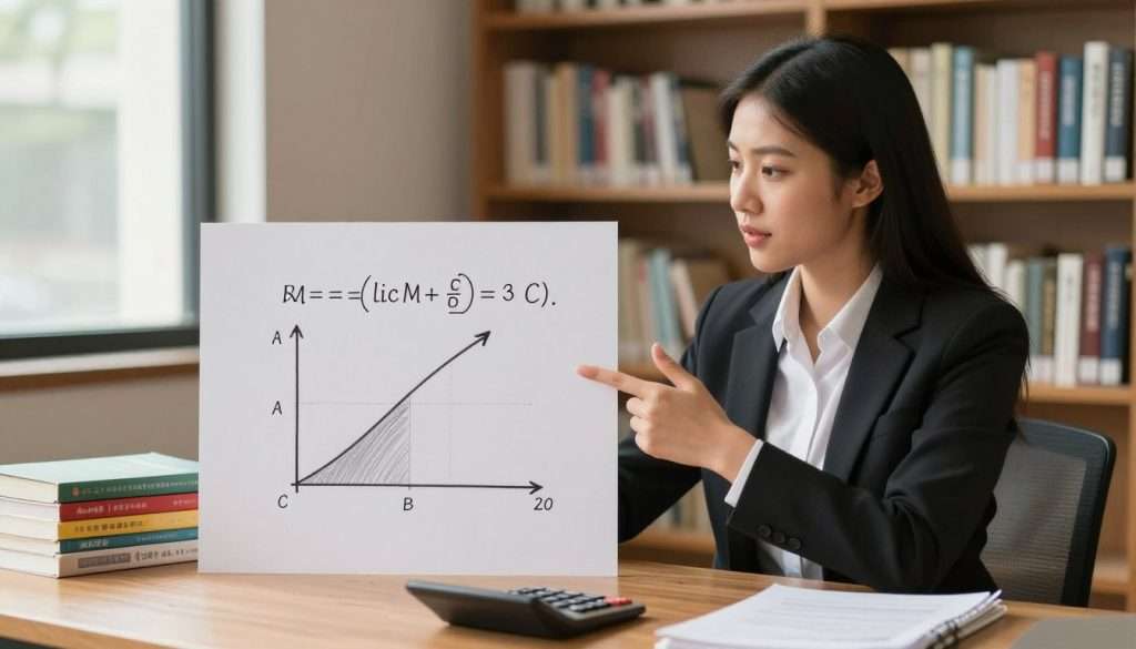 A focused calculus student, wearing professional business attire, stands at a wooden desk, explaining a definite integral. The foreground features a simple, hand-drawn sketch of a graph illustrating the area under a curve, with shaded regions indicating the integral. The student, a young Asian woman, gestures towards the sketch with enthusiasm, her expression showing clarity and engagement. In the middle ground, there are colorful textbooks and a calculator, emphasizing a study environment. The background consists of a cozy library filled with bookshelves and warm, natural lighting filtering through a large window, creating an inviting atmosphere. The overall mood is one of inspiration and intellectual curiosity, capturing the essence of learning and teaching calculus. A focused calculus student, wearing professional business attire, stands at a wooden desk, explaining a definite integral. The foreground features a simple, hand-drawn sketch of a graph illustrating the area under a curve, with shaded regions indicating the integral. The student, a young Asian woman, gestures towards the sketch with enthusiasm, her expression showing clarity and engagement. In the middle ground, there are colorful textbooks and a calculator, emphasizing a study environment. The background consists of a cozy library filled with bookshelves and warm, natural lighting filtering through a large window, creating an inviting atmosphere. The overall mood is one of inspiration and intellectual curiosity, capturing the essence of learning and teaching calculus.