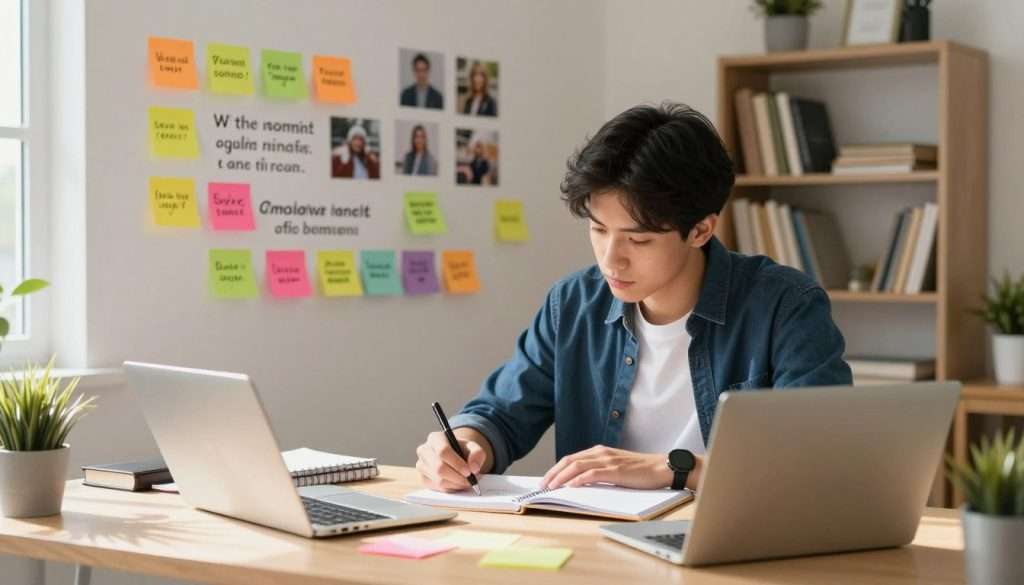 A focused college student, dressed in smart casual attire, sits at a cozy study desk cluttered with notebooks and a laptop. In the foreground, they are writing down their strengths and accomplishments on colorful sticky notes, which are arranged in an inspiring fashion around them. In the middle ground, a wall adorned with motivational quotes and pictures of accomplishments can be seen, emphasizing a growth mindset. The background features a well-lit, inviting study space with a bookshelf filled with academic texts and personal items. Sunlight streams through a nearby window, casting warm, optimistic shadows, creating a bright and supportive atmosphere. The overall mood evokes determination and confidence, highlighting the student's active effort to build self-assurance against imposter syndrome. A focused college student, dressed in smart casual attire, sits at a cozy study desk cluttered with notebooks and a laptop. In the foreground, they are writing down their strengths and accomplishments on colorful sticky notes, which are arranged in an inspiring fashion around them. In the middle ground, a wall adorned with motivational quotes and pictures of accomplishments can be seen, emphasizing a growth mindset. The background features a well-lit, inviting study space with a bookshelf filled with academic texts and personal items. Sunlight streams through a nearby window, casting warm, optimistic shadows, creating a bright and supportive atmosphere. The overall mood evokes determination and confidence, highlighting the student's active effort to build self-assurance against imposter syndrome.
