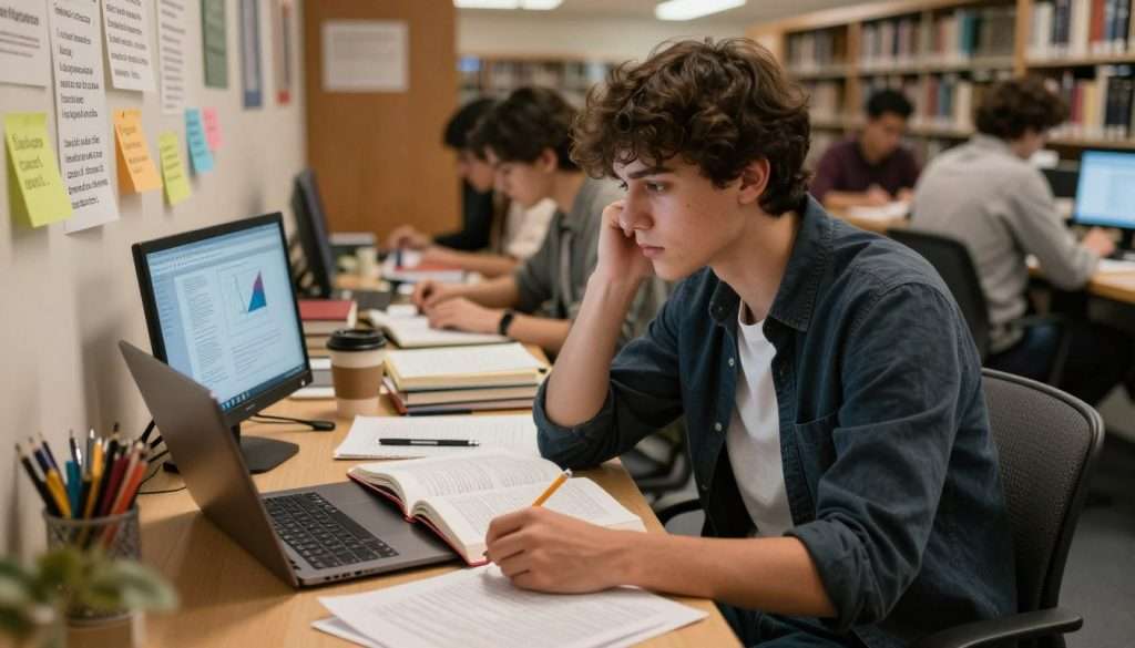 A focused college student sits at a cluttered desk, surrounded by textbooks, notes, and a laptop, embodying the weight of academic pressure. The student, wearing a smart casual outfit, has a thoughtful expression, glancing at a wall covered in motivational quotes and reminders of upcoming deadlines. The foreground features the student’s hand gripping a pencil, with the desk filled with coffee cups and stationery. The middle ground highlights the open textbook and computer screen displaying complex graphs and assignments. In the background, a softly blurred library filled with students studying creates an atmosphere of competition and ambition. The lighting is warm and inviting, casting soft shadows, emphasizing a contemplative yet anxious mood, captured in a slightly overhead angle to reflect the student's sense of burden and determination. A focused college student sits at a cluttered desk, surrounded by textbooks, notes, and a laptop, embodying the weight of academic pressure. The student, wearing a smart casual outfit, has a thoughtful expression, glancing at a wall covered in motivational quotes and reminders of upcoming deadlines. The foreground features the student’s hand gripping a pencil, with the desk filled with coffee cups and stationery. The middle ground highlights the open textbook and computer screen displaying complex graphs and assignments. In the background, a softly blurred library filled with students studying creates an atmosphere of competition and ambition. The lighting is warm and inviting, casting soft shadows, emphasizing a contemplative yet anxious mood, captured in a slightly overhead angle to reflect the student's sense of burden and determination.