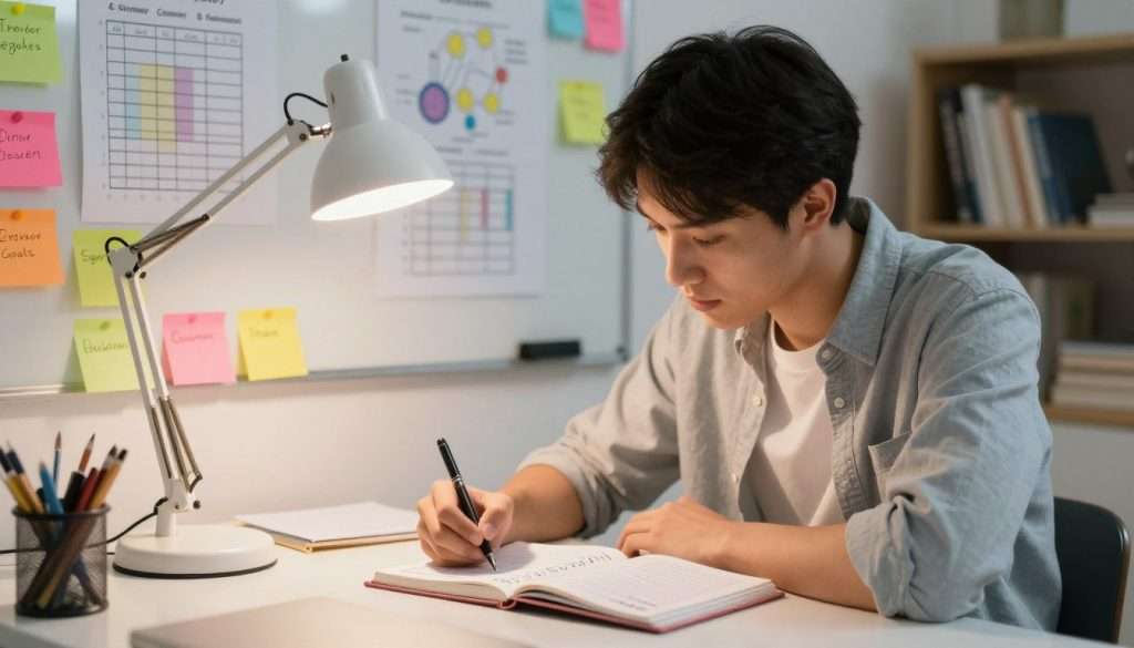 A focused college student sitting at a desk, surrounded by colorful sticky notes, action plans, and a planner open to a goal-setting page, emphasizing clarity and organization. The student, dressed in modest casual clothing, is thoughtfully writing down measurable study goals, with a bright desk lamp illuminating the scene. In the background, a whiteboard filled with charts and progress indicators showcases various metrics of achievement, creating a sense of determination and structure. The atmosphere is motivating and uplifting, infused with warm, inviting lighting that encourages productivity. A bookshelf filled with educational resources is slightly blurred in the background to draw attention to the student’s focused expression on goal setting and measurement. A focused college student sitting at a desk, surrounded by colorful sticky notes, action plans, and a planner open to a goal-setting page, emphasizing clarity and organization. The student, dressed in modest casual clothing, is thoughtfully writing down measurable study goals, with a bright desk lamp illuminating the scene. In the background, a whiteboard filled with charts and progress indicators showcases various metrics of achievement, creating a sense of determination and structure. The atmosphere is motivating and uplifting, infused with warm, inviting lighting that encourages productivity. A bookshelf filled with educational resources is slightly blurred in the background to draw attention to the student’s focused expression on goal setting and measurement.