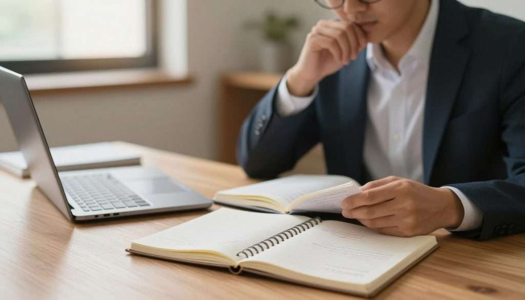 A focused individual sits at a study desk, transitioning from reviewing notes to preparing for a test. The foreground highlights a neatly organized notebook, with handwritten notes visible, and a closed laptop. In the middle ground, the learner, dressed in professional business attire, conveys concentration and determination, with a thoughtful expression as they close their notebook. The background is softly blurred, suggesting a cozy study room with warm lighting filtering through a nearby window, casting gentle shadows. The atmosphere is serene yet purposeful, embodying the essence of metacognitive practices in learning and memory retention. The scene is captured from a slightly elevated angle to provide a comprehensive view of the study setup, promoting an inspiring and intellectual ambiance.