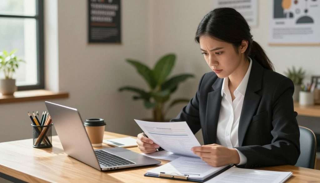 A focused job seeker, a young woman in a smart business suit, sits at a wooden desk with a laptop open in front of her. She is taking notes while examining a document filled with feedback from a recent interview, looking determined and reflective. The foreground features her engaged expression, capturing the intensity of her preparation. In the middle ground, a neatly organized workspace with a cup of coffee, stationery, and a resume. The background shows a cozy, well-lit room adorned with motivational posters and plants, creating an inspiring atmosphere. The warm, natural light filters in through a window, casting soft shadows, and enhancing the mood of diligence and growth. The image conveys a sense of determination and professional development.