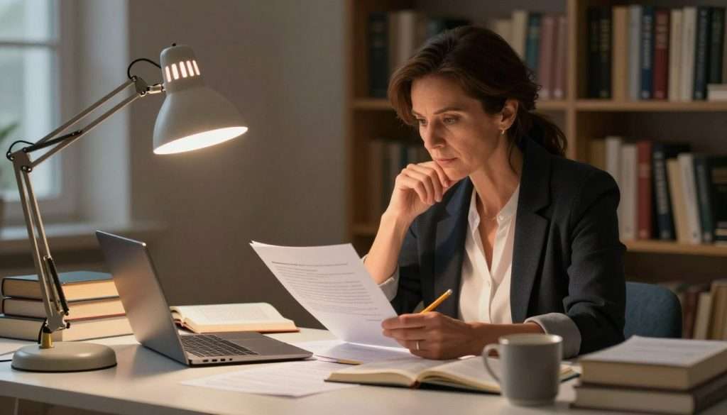 A focused learner, a middle-aged woman dressed in smart casual attire, sits at a neatly organized desk cluttered with books and notes. She has a thoughtful expression as she examines a document with new evidence, a pencil poised over her notepad. In the foreground, a bright desk lamp casts warm, inviting light across the workspace, highlighting her deep concentration. In the middle, a few open textbooks, a laptop, and a coffee mug contribute to the study ambiance. The background reveals a cozy library, with shelves lined with books under soft, ambient lighting, creating a calm and introspective atmosphere. The overall mood is one of curiosity and determination, reflecting the critical thinking process at work, emphasizing the tension between previous conclusions and newfound insights.