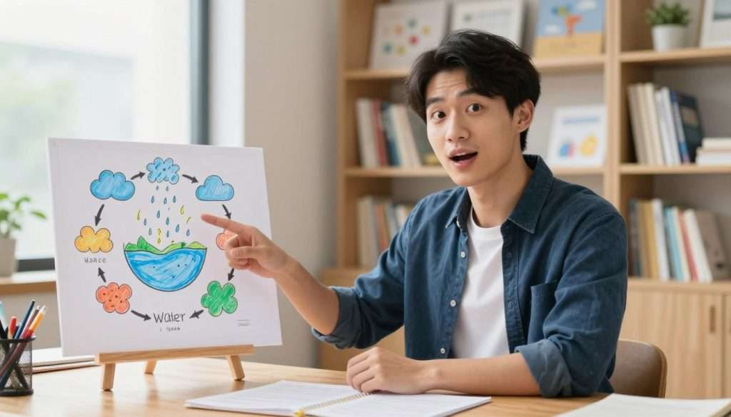 A focused learner, a young adult dressed in smart casual attire, standing at a wooden table in a well-lit study. They are animatedly explaining the water cycle, pointing to a colorful, hand-drawn diagram of the cycle featuring clouds, rain, rivers, and evaporation. The learner's face shows concentration and excitement, conveying a sense of discovery and understanding. In the background, shelves filled with books and educational materials create an inviting learning atmosphere. Soft, natural light streams through a window, highlighting the learner and the diagram. The angle captures the dynamism of the explanation, with the learner slightly turned towards the viewer, embodying a mentorship vibe and illustrating the idea of thinking critically and sharing knowledge through personal insight.