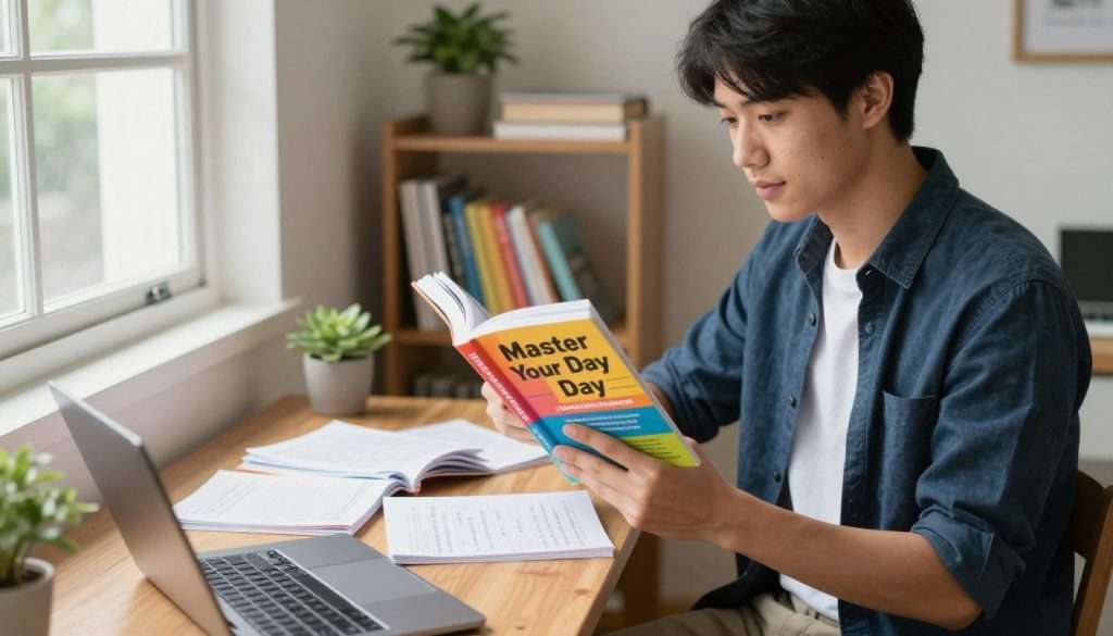 A focused learner, a young adult of Asian descent, is standing in a cozy, well-lit study room, examining a vibrant time management book titled "Master Your Day" beside neatly arranged course notes. The foreground features the learner dressed in smart casual attire, holding the book with a thoughtful expression. In the middle, there are scattered notes and study materials organized on a wooden desk, with a laptop partially visible. The background reveals a shelf filled with other educational books and a small indoor plant, creating an inviting atmosphere. Soft, natural light streams through a nearby window, casting gentle shadows, while the overall mood is calm and productive, capturing the essence of effective time management and learning.