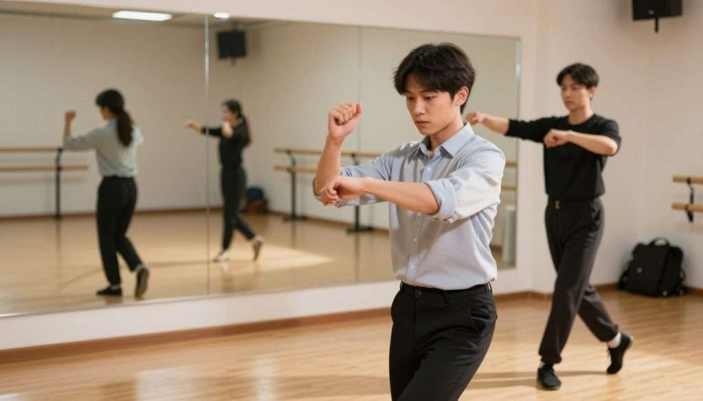 A focused learner, dressed in comfortable yet professional attire, energetically attempts a new dance step in a brightly lit studio. In the foreground, the learner’s expression reflects determination and concentration, embodying the challenge of learning. In the middle ground, a full-length mirror reflects their movements, showcasing the fluidity of the dance step. The background features soft, warm lighting illuminating wooden floors, enhancing the energetic atmosphere of the space. Subtle shadows cast by the learner add depth to the scene, while a few scattered dance props suggest an environment focused on growth and self-improvement. The overall mood is inspiring and dynamic, symbolizing the cognitive challenge of mastering new skills, promoting the idea of neuroplasticity and the mind's capacity to adapt. A focused learner, dressed in comfortable yet professional attire, energetically attempts a new dance step in a brightly lit studio. In the foreground, the learner’s expression reflects determination and concentration, embodying the challenge of learning. In the middle ground, a full-length mirror reflects their movements, showcasing the fluidity of the dance step. The background features soft, warm lighting illuminating wooden floors, enhancing the energetic atmosphere of the space. Subtle shadows cast by the learner add depth to the scene, while a few scattered dance props suggest an environment focused on growth and self-improvement. The overall mood is inspiring and dynamic, symbolizing the cognitive challenge of mastering new skills, promoting the idea of neuroplasticity and the mind's capacity to adapt.