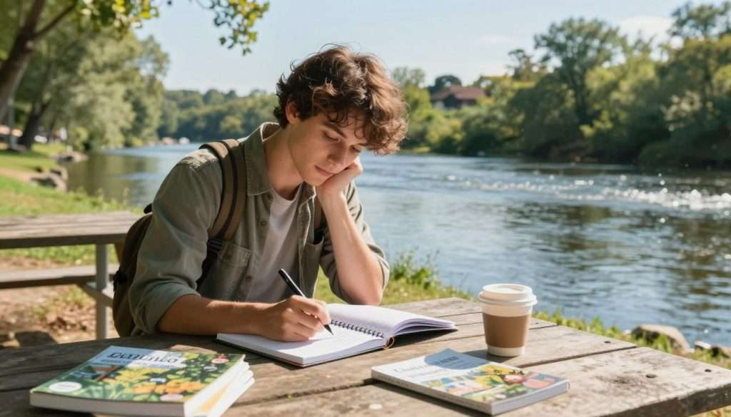 A focused learner, dressed in modest casual clothing, sits at a picnic table by a serene local river, deeply engaged in writing questions in a notebook. The foreground features the learner with a thoughtful expression, pen in hand, surrounded by scattered nature guides and a cup of coffee. In the middle ground, the gentle flow of the river can be seen, reflecting the sunlight, with subtle ripples adding to the tranquil atmosphere. The background reveals lush greenery and distant trees under a bright blue sky, creating a sense of calm and inspiration. The lighting is warm and inviting, highlighting the learner's concentration as they jot down ideas, evoking a mood of curiosity and exploration. The angle captures the scene from a slightly elevated perspective, emphasizing the connection between the learner and their environment.