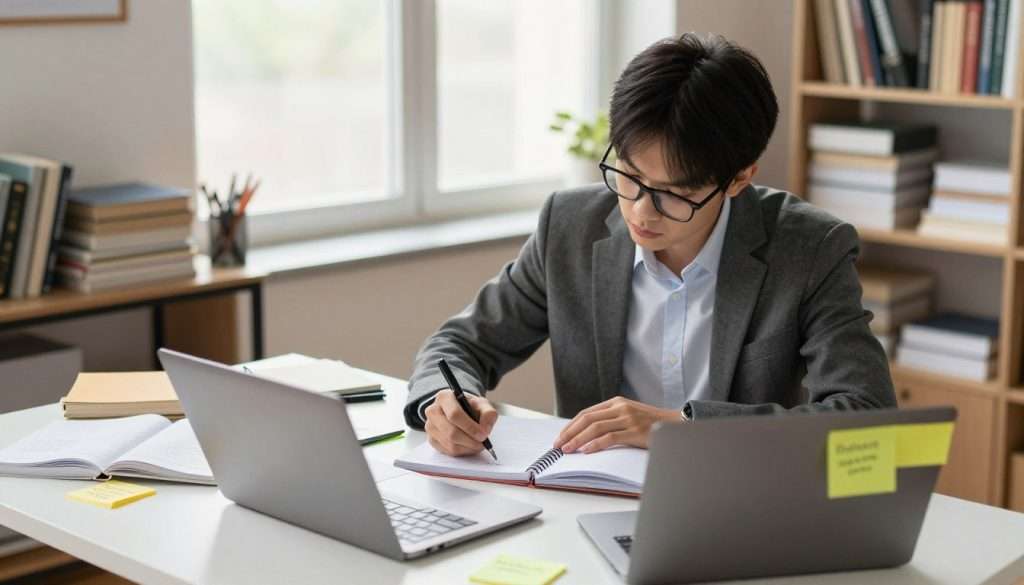A focused learner, dressed in professional business attire, sits at a desk cluttered with notebooks and a laptop, analyzing assignment demands. The learner, a young adult with glasses and short hair, writes notes on a notepad, surrounded by colorful sticky notes outlining study strategies. In the background, a large window lets in soft, natural light, creating a warm and inspiring atmosphere. The room features bookshelves filled with textbooks and study materials. The camera captures a slight overhead angle, showcasing the learner's concentrated expression while emphasizing the organized chaos of their study space. The mood is one of determination and contemplation, perfectly illustrating the metacognitive process of assessing and selecting study approaches.