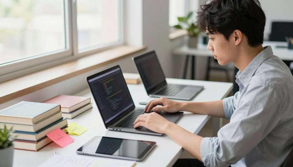 A focused learner engaged in a technology literacy project, sitting at a modern desk amidst a collection of digital devices such as laptops and tablets. In the foreground, the learner, a young professional in a smart casual outfit, intently navigates through coding software on their laptop. In the middle, a cluttered yet organized workspace adorned with technical books, a notepad filled with ideas, and colorful sticky notes. The background features a bright, airy office with large windows letting in natural daylight, creating a warm and inviting atmosphere. The scene is captured with a shallow depth of field, emphasizing the learner’s concentration and the vibrant colors of the workspace, conveying a sense of motivation and growth. A focused learner engaged in a technology literacy project, sitting at a modern desk amidst a collection of digital devices such as laptops and tablets. In the foreground, the learner, a young professional in a smart casual outfit, intently navigates through coding software on their laptop. In the middle, a cluttered yet organized workspace adorned with technical books, a notepad filled with ideas, and colorful sticky notes. The background features a bright, airy office with large windows letting in natural daylight, creating a warm and inviting atmosphere. The scene is captured with a shallow depth of field, emphasizing the learner’s concentration and the vibrant colors of the workspace, conveying a sense of motivation and growth.