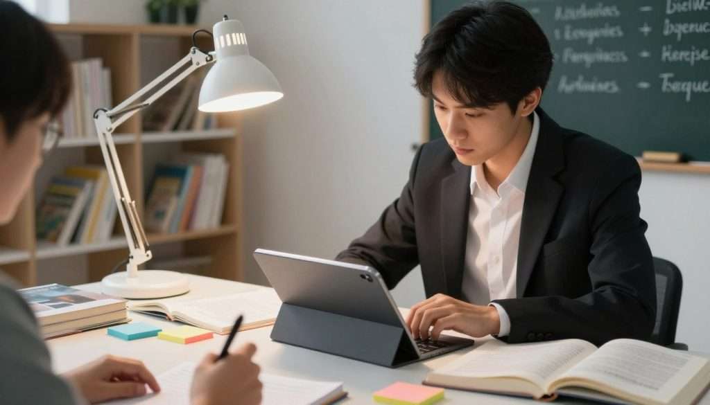 A focused learner in a modern study space, dressed in professional business attire, is thoughtfully recording method choices on a sleek tablet during a mixed review session. In the foreground, the learner's hands are shown writing notes, with colorful sticky notes and textbooks scattered around. The middle ground features a bright desk lamp illuminating the scene, casting soft light on the learner's focused expression. In the background, shelves filled with educational materials and a chalkboard displaying learning strategies add depth to the environment. The atmosphere is energetic yet calm, with warm lighting creating a sense of engagement and concentration. The image should be captured from a slightly elevated angle to emphasize the workspace and the learner's active participation in interleaving techniques.