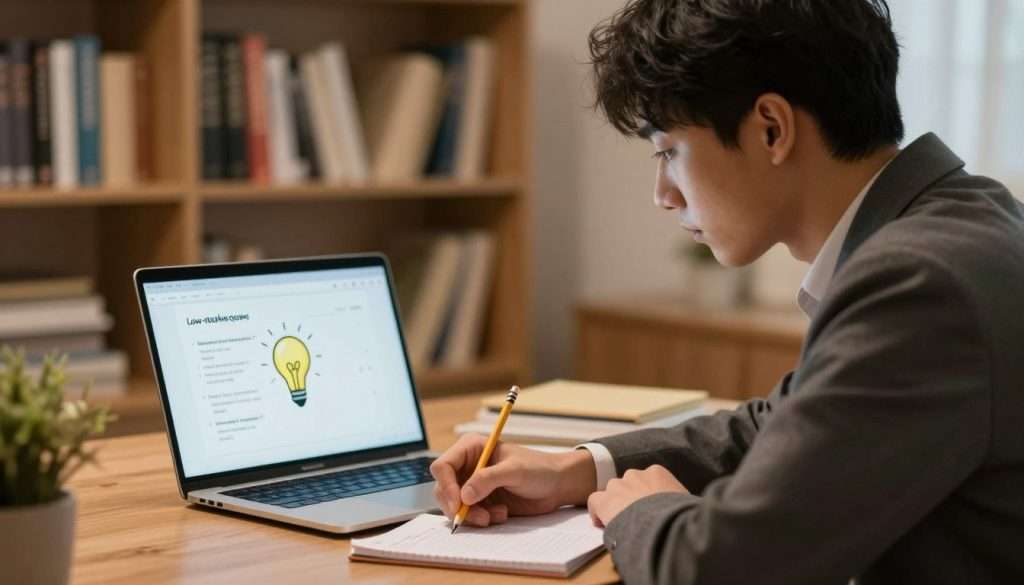 A focused learner seated at a desk, engaging with a low-stakes quiz displayed on a laptop screen. The foreground features the learner, a young adult in professional business attire, deeply concentrated, jotting notes with a pencil. In the middle ground, the laptop shows a clear interface with quiz questions and a lightbulb icon symbolizing knowledge recall. The background depicts a cozy study environment with bookshelves lined with educational materials, soft, warm lighting casting a gentle glow, creating an inviting atmosphere. The scene is captured from a slight angle, emphasizing the learner's expression of determination and the interactive nature of the quiz, evoking a sense of growth and discovery.