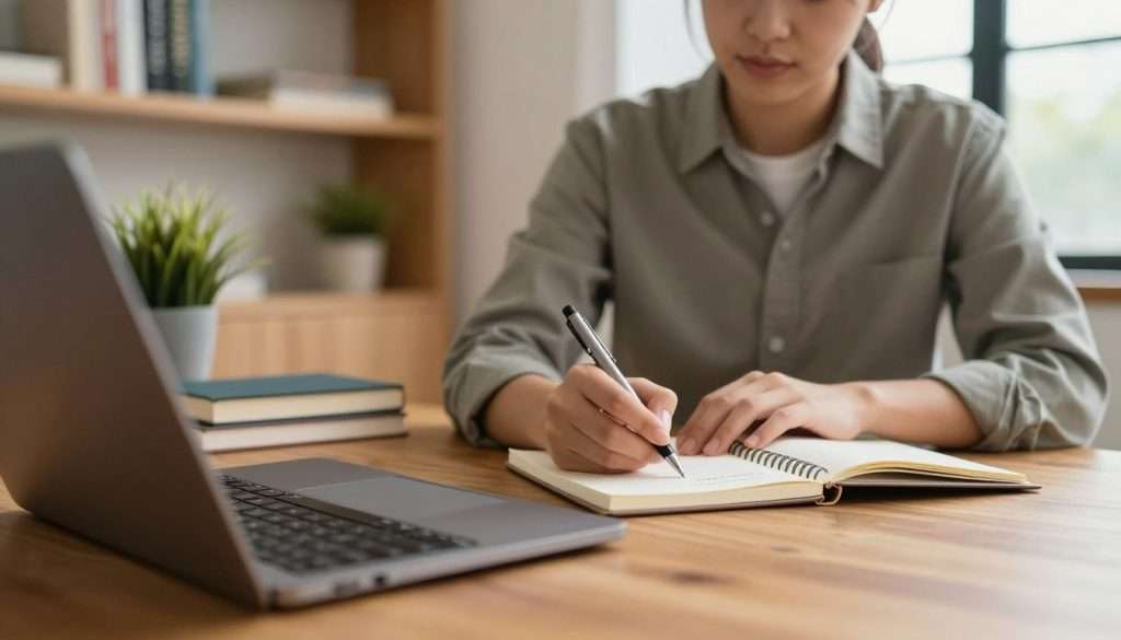A focused learner, seated at a stylish wooden desk, is writing a small goal on a notepad for weekly development. The foreground features a close-up of the learner's hand holding a pen, with a polished, modern laptop partially visible. In the middle ground, a few inspirational books and a potted plant provide an inviting workspace ambiance. The background includes a softly lit room with shelves filled with books and a large window allowing warm, natural light to flood in. The atmosphere is calm and motivating, promoting a sense of productivity and growth. The learner is dressed in professional casual attire, conveying focus and determination as they cultivate lifelong learning habits. The image has a warm color palette, enhancing the inviting mood. A focused learner, seated at a stylish wooden desk, is writing a small goal on a notepad for weekly development. The foreground features a close-up of the learner's hand holding a pen, with a polished, modern laptop partially visible. In the middle ground, a few inspirational books and a potted plant provide an inviting workspace ambiance. The background includes a softly lit room with shelves filled with books and a large window allowing warm, natural light to flood in. The atmosphere is calm and motivating, promoting a sense of productivity and growth. The learner is dressed in professional casual attire, conveying focus and determination as they cultivate lifelong learning habits. The image has a warm color palette, enhancing the inviting mood.