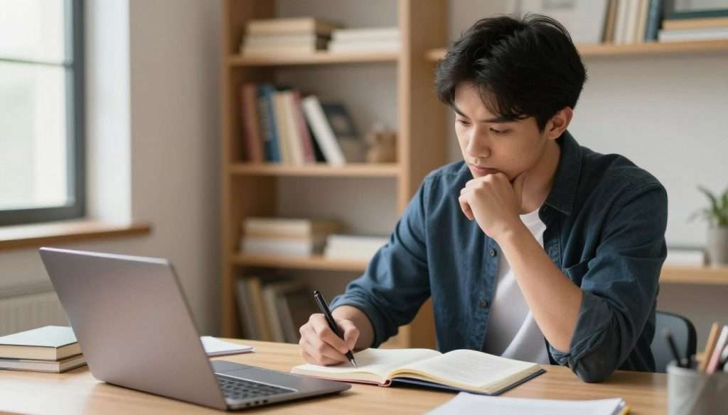 A focused learner sits at a tidy desk in a well-lit room, practicing recall of information before checking their class notes. In the foreground, the learner, a young adult dressed in smart casual attire, is engaged in thought, with a look of concentration on their face. On the desk, an open notebook and a laptop are visible, hinting at a study session in progress. In the middle ground, shelves lined with books and study materials evoke a scholarly atmosphere. The background shows a window with soft natural light filtering in, creating a warm and inviting environment. The overall mood conveys diligence and determination, with a slight blur effect emphasizing the learner's intense focus. The composition features a slightly angled view to give depth and perspective. A focused learner sits at a tidy desk in a well-lit room, practicing recall of information before checking their class notes. In the foreground, the learner, a young adult dressed in smart casual attire, is engaged in thought, with a look of concentration on their face. On the desk, an open notebook and a laptop are visible, hinting at a study session in progress. In the middle ground, shelves lined with books and study materials evoke a scholarly atmosphere. The background shows a window with soft natural light filtering in, creating a warm and inviting environment. The overall mood conveys diligence and determination, with a slight blur effect emphasizing the learner's intense focus. The composition features a slightly angled view to give depth and perspective.