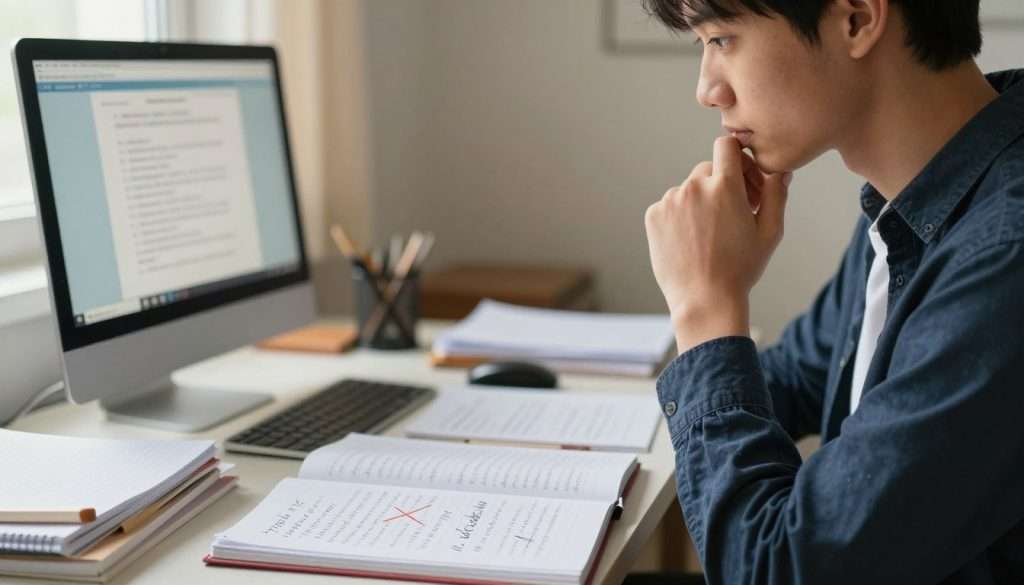 A focused learner, wearing smart casual attire, stands at a desk cluttered with notebooks and study materials, deep in thought. Their expression reveals a moment of realization, as they notice a repeated mistake in their notes. In the foreground, a partially opened notebook shows messy handwriting and crossed-out mistakes, symbolizing the learning journey. In the middle ground, a computer screen displays a paused educational video, emphasizing the theme of reflection. The background features soft, warm lighting filtering through a window, creating a tranquil study atmosphere. The learner's gesture suggests a moment of pause, contemplating before rushing to correct the error, encapsulating the essence of learning from experience. The image conveys determination and clarity, reflecting a pivotal learning moment.