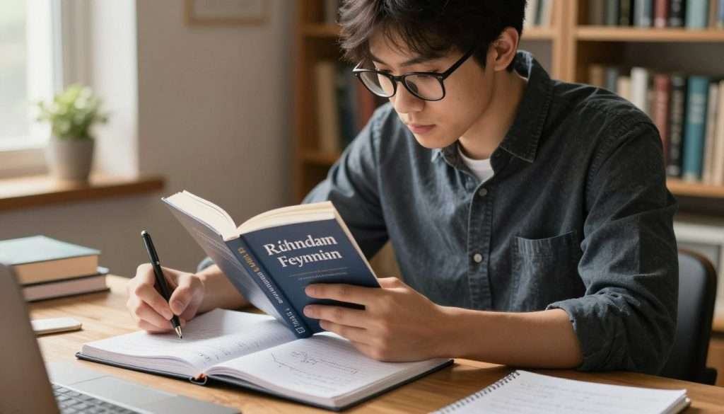 A focused physics student sitting at a wooden desk, immersed in reading a book about Richard Feynman. The student, a young adult wearing a smart-casual outfit, has short hair and glasses, thoughtfully jotting notes in a notebook beside them. The foreground features the notebook with handwritten equations and annotations, while the middle shows the student and the book, softly illuminated by warm, natural light streaming in from a nearby window. In the background, shelves lined with science textbooks and a small potted plant create an inviting atmosphere of learning. The overall mood is contemplative and inspiring, emphasizing a passionate engagement with physics and the Feynman Technique. The composition is framed with a slight depth of field to highlight the student and their studies. A focused physics student sitting at a wooden desk, immersed in reading a book about Richard Feynman. The student, a young adult wearing a smart-casual outfit, has short hair and glasses, thoughtfully jotting notes in a notebook beside them. The foreground features the notebook with handwritten equations and annotations, while the middle shows the student and the book, softly illuminated by warm, natural light streaming in from a nearby window. In the background, shelves lined with science textbooks and a small potted plant create an inviting atmosphere of learning. The overall mood is contemplative and inspiring, emphasizing a passionate engagement with physics and the Feynman Technique. The composition is framed with a slight depth of field to highlight the student and their studies.