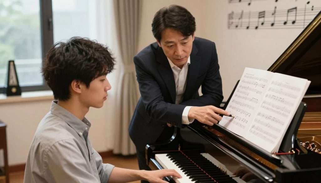 A focused piano learner, a young adult in professional casual attire, sits at a grand piano, attentively listening to an experienced teacher beside them. The teacher, a middle-aged individual dressed in smart business attire, is pointing at the sheet music, indicating a missed note with a pen. The scene captures the learner's concentration and a hint of determination. Soft, warm lighting from a nearby window bathes the room, creating a cozy and inviting atmosphere. In the background, music notes and a metronome are visible, emphasizing the learning process. The angle is slightly above eye level, providing a clear view of the interaction while highlighting the piano's polished surface and the expressive faces of both individuals.
