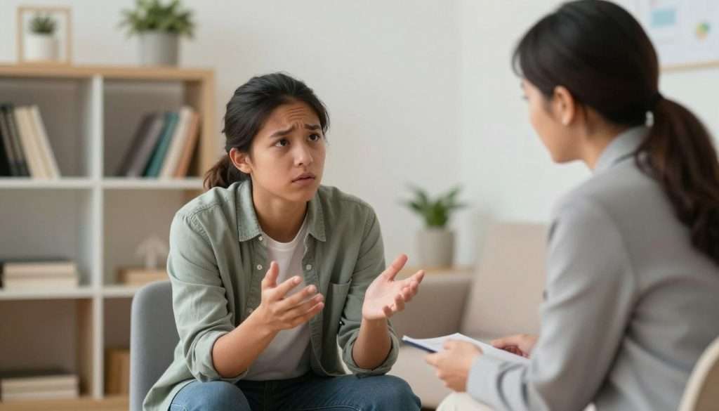 A focused scene in a brightly lit school counseling room, featuring a diverse high school student with an anxious expression seated across from a compassionate counselor. The student, dressed in modest casual clothing, is gesturing with hands in a way that conveys concern while looking intently at the counselor. The counselor, in professional attire, is leaning forward with a supportive demeanor, listening attentively. In the background, there are shelves filled with motivational books and calming decor, subtly enhancing the comforting atmosphere. Soft, diffused lighting creates a warm ambiance, while a slightly blurred background emphasizes the connection between the two figures. The overall mood is supportive and reassuring, encapsulating a moment of guidance in overcoming exam anxiety.