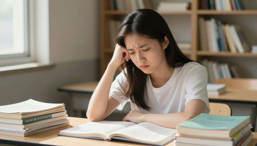 A focused student, a young Asian woman, sits at a desk scattered with class notes and textbooks, her brows furrowed in concentration. She pauses, looking thoughtfully at her notes, embodying a moment of mental fatigue. Soft, natural lighting pours in from a nearby window, casting gentle shadows that enhance the sense of deep contemplation. In the background, shelves lined with books create an academic atmosphere. The composition is shot from a slight angle, bringing the viewer into her world. The mood is reflective and slightly melancholic, capturing the essence of brain fog that can accompany rigorous studying. The classroom setting should feel warm and inviting, promoting an understanding of the challenges of learning.