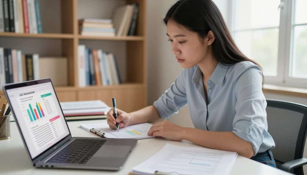 A focused student, a young Asian woman, sits at a sleek desk in a well-lit, cozy study room, reviewing ACT practice tests on her laptop. The foreground features a close-up of the laptop screen displaying colorful graphs and practice questions. In the middle, the student is dressed in casual yet professional attire, such as a fitted shirt and jeans, reflecting determination. She has a pen in hand and notes scattered around the desk as she diligently highlights important points. The background reveals bookshelves filled with study materials and a window showing gentle morning light streaming in, enhancing the study atmosphere. The overall mood is one of concentration and productivity, illustrating the importance of active learning through practice tests. A focused student, a young Asian woman, sits at a sleek desk in a well-lit, cozy study room, reviewing ACT practice tests on her laptop. The foreground features a close-up of the laptop screen displaying colorful graphs and practice questions. In the middle, the student is dressed in casual yet professional attire, such as a fitted shirt and jeans, reflecting determination. She has a pen in hand and notes scattered around the desk as she diligently highlights important points. The background reveals bookshelves filled with study materials and a window showing gentle morning light streaming in, enhancing the study atmosphere. The overall mood is one of concentration and productivity, illustrating the importance of active learning through practice tests.