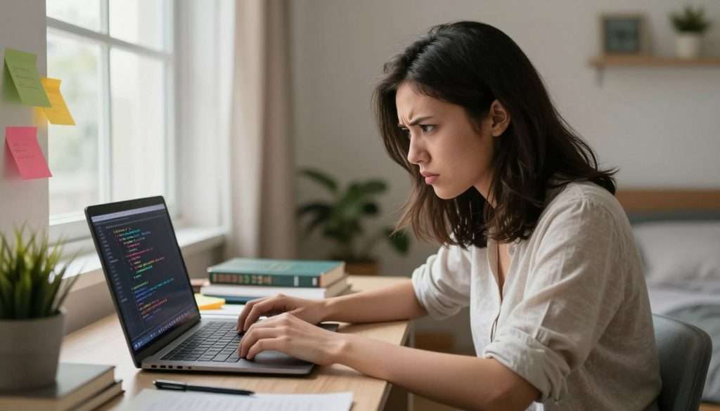 A focused student, a young woman in a modest casual outfit, sits at a cluttered desk with a laptop open in front of her, displaying an error message on the screen. She has shoulder-length dark hair, slightly furrowed brows, and is intently gazing at the screen, embodying a mix of determination and frustration. Surrounding her are coding textbooks, colorful sticky notes, and a small potted plant, adding a personal touch to the workspace. The setting is a well-lit, cozy bedroom with soft, warm light filtering through a nearby window, creating a relaxed yet studious atmosphere. The shot is taken from a slight angle, capturing both her expression and the laptop screen, giving viewers a glimpse into her coding journey. A focused student, a young woman in a modest casual outfit, sits at a cluttered desk with a laptop open in front of her, displaying an error message on the screen. She has shoulder-length dark hair, slightly furrowed brows, and is intently gazing at the screen, embodying a mix of determination and frustration. Surrounding her are coding textbooks, colorful sticky notes, and a small potted plant, adding a personal touch to the workspace. The setting is a well-lit, cozy bedroom with soft, warm light filtering through a nearby window, creating a relaxed yet studious atmosphere. The shot is taken from a slight angle, capturing both her expression and the laptop screen, giving viewers a glimpse into her coding journey.