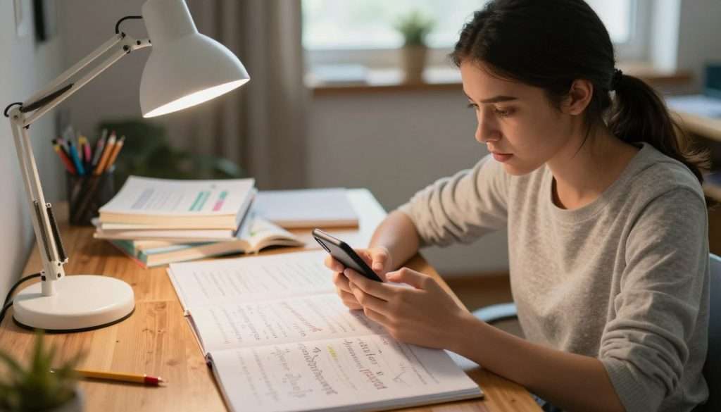 A focused student, a young woman in modest casual clothing, sits at a wooden desk cluttered with notebooks and stationery. She has just set aside her smartphone, a look of determination on her face as she turns her attention to solving a math problem. The foreground highlights her concentrated expression, with a bright desk lamp casting warm light that brings out the textures of the paper and books. In the middle ground, math textbooks are strewn about, some open to colorful pages filled with equations. The background features a cozy room with soft natural light filtering through a window, hinting at a peaceful study environment. The atmosphere is calm and studious, inspiring productivity and focus. A focused student, a young woman in modest casual clothing, sits at a wooden desk cluttered with notebooks and stationery. She has just set aside her smartphone, a look of determination on her face as she turns her attention to solving a math problem. The foreground highlights her concentrated expression, with a bright desk lamp casting warm light that brings out the textures of the paper and books. In the middle ground, math textbooks are strewn about, some open to colorful pages filled with equations. The background features a cozy room with soft natural light filtering through a window, hinting at a peaceful study environment. The atmosphere is calm and studious, inspiring productivity and focus.