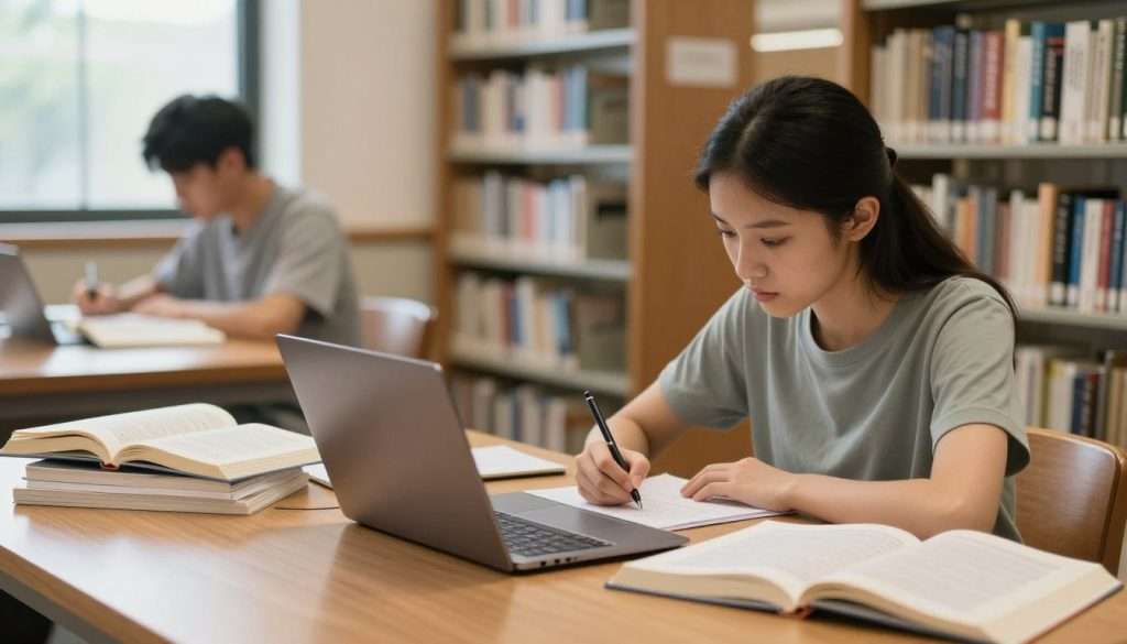 A focused student answers closed-note questions during study time in a well-lit library environment. In the foreground, the student, a young woman in modest casual clothing, is seated at a wooden table covered with textbooks and stationary, deeply concentrating on her notes. Her expression shows determination and focus. In the middle, scattered papers and open books create an organized study space, while a laptop rests in front of her, casting a soft glow on the table. In the background, shelves filled with books add depth, blurring slightly to emphasize the student. Natural light filters through large windows, creating a warm and inviting atmosphere, enhancing the sense of productivity and motivation in the scene. The composition is captured from a slightly elevated angle to convey a sense of engagement and immersion in the study process. A focused student answers closed-note questions during study time in a well-lit library environment. In the foreground, the student, a young woman in modest casual clothing, is seated at a wooden table covered with textbooks and stationary, deeply concentrating on her notes. Her expression shows determination and focus. In the middle, scattered papers and open books create an organized study space, while a laptop rests in front of her, casting a soft glow on the table. In the background, shelves filled with books add depth, blurring slightly to emphasize the student. Natural light filters through large windows, creating a warm and inviting atmosphere, enhancing the sense of productivity and motivation in the scene. The composition is captured from a slightly elevated angle to convey a sense of engagement and immersion in the study process.