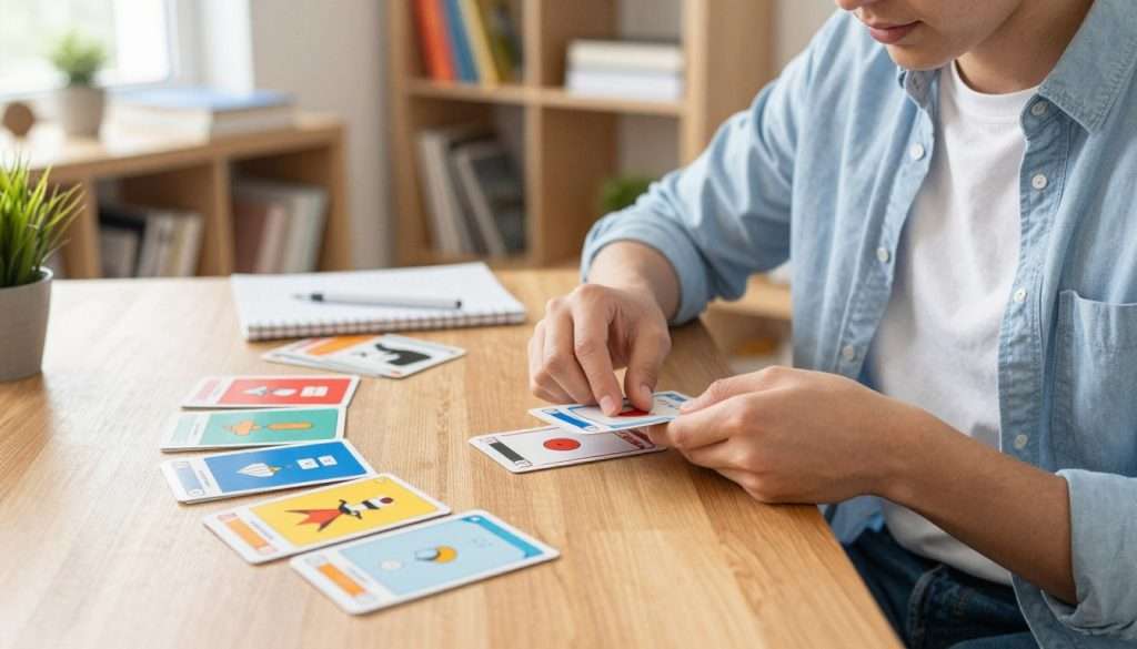 A focused student, dressed in casual but neat attire, sits at a tidy wooden desk in a cozy study room, surrounded by colorful flashcards. The foreground features the student’s hands as they sort through the flashcards, highlighting organization and concentration. In the middle ground, a variety of flashcards are fanned out, showcasing different subjects with vibrant colors and labeled topics. The background captures a well-lit room with bookshelves filled with study materials, a small potted plant, and natural light streaming in from a window, creating a warm and inviting atmosphere. The scene should evoke a sense of diligence and effective study techniques, emphasizing the importance of spaced repetition in learning. A focused student, dressed in casual but neat attire, sits at a tidy wooden desk in a cozy study room, surrounded by colorful flashcards. The foreground features the student’s hands as they sort through the flashcards, highlighting organization and concentration. In the middle ground, a variety of flashcards are fanned out, showcasing different subjects with vibrant colors and labeled topics. The background captures a well-lit room with bookshelves filled with study materials, a small potted plant, and natural light streaming in from a window, creating a warm and inviting atmosphere. The scene should evoke a sense of diligence and effective study techniques, emphasizing the importance of spaced repetition in learning.