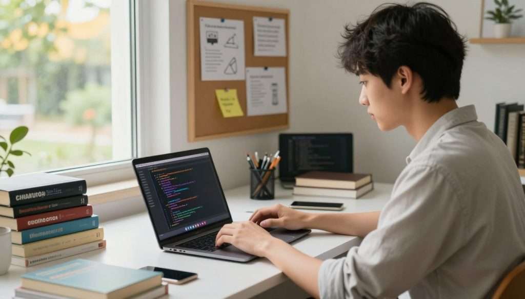 A focused student, dressed in casual but professional attire, sits at a modern desk in a bright, airy room filled with tech gadgets and coding books. In the foreground, the student is intently coding on a laptop, with colorful lines of code visible on the screen. The middle ground features a corkboard with pinned notes, diagrams related to web development, and inspirational quotes. The background includes a window showcasing a sunny outdoor scene, hinting at a vibrant learning atmosphere. Soft natural lighting filters through the window, creating an inviting and productive mood. The camera angle is slightly tilted to capture both the student’s concentration and the workspace's organized chaos, emphasizing the student's journey into web development after completing beginner coding projects. A focused student, dressed in casual but professional attire, sits at a modern desk in a bright, airy room filled with tech gadgets and coding books. In the foreground, the student is intently coding on a laptop, with colorful lines of code visible on the screen. The middle ground features a corkboard with pinned notes, diagrams related to web development, and inspirational quotes. The background includes a window showcasing a sunny outdoor scene, hinting at a vibrant learning atmosphere. Soft natural lighting filters through the window, creating an inviting and productive mood. The camera angle is slightly tilted to capture both the student’s concentration and the workspace's organized chaos, emphasizing the student's journey into web development after completing beginner coding projects.