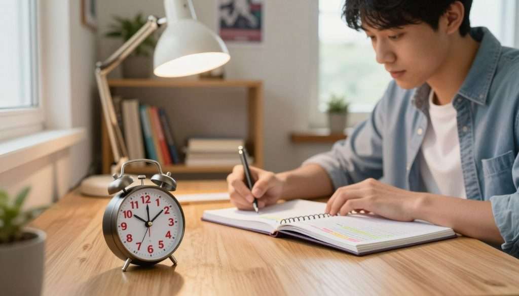 A focused student, dressed in casual but tidy clothing, sits at a wooden desk, opening a well-organized notebook filled with colorful notes. In the foreground, a classic timer is prominently placed, its red numbers counting down the study block, adding a sense of urgency. The middle ground features a warm desk lamp casting a soft glow over the workspace, highlighting the student’s attentive expression. In the background, a cozy, well-lit room with bookshelves lined with textbooks and motivational posters creates an inspiring atmosphere. The scene is captured from a slightly elevated angle, enhancing the studious yet tranquil vibe, with gentle natural light streaming in from a window, fostering a sense of focus and motivation. A focused student, dressed in casual but tidy clothing, sits at a wooden desk, opening a well-organized notebook filled with colorful notes. In the foreground, a classic timer is prominently placed, its red numbers counting down the study block, adding a sense of urgency. The middle ground features a warm desk lamp casting a soft glow over the workspace, highlighting the student’s attentive expression. In the background, a cozy, well-lit room with bookshelves lined with textbooks and motivational posters creates an inspiring atmosphere. The scene is captured from a slightly elevated angle, enhancing the studious yet tranquil vibe, with gentle natural light streaming in from a window, fostering a sense of focus and motivation.