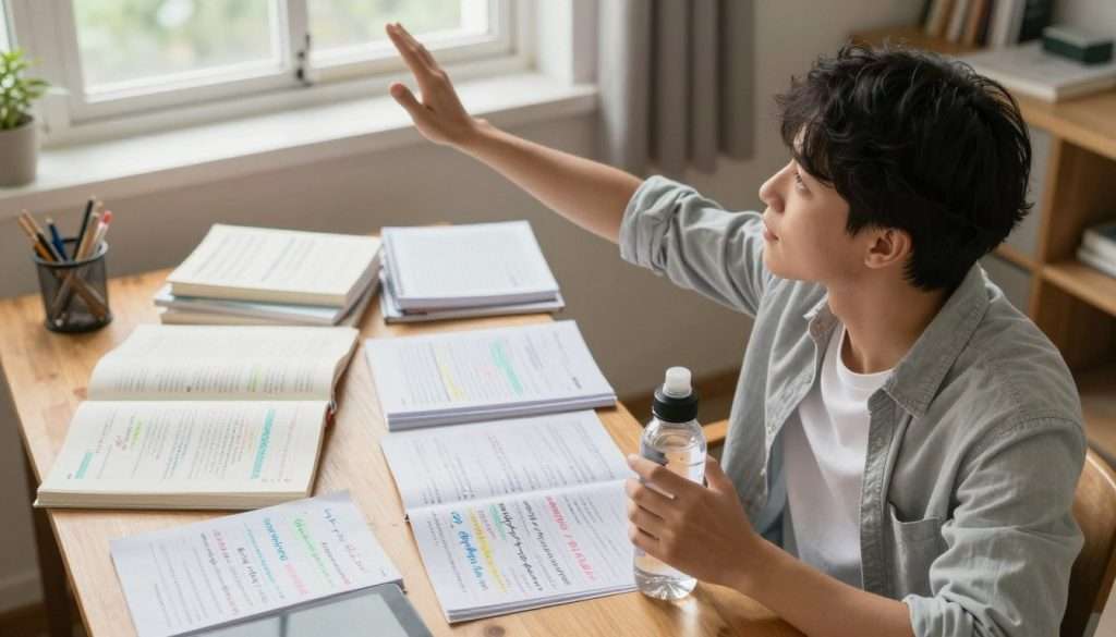 A focused student dressed in casual, modest attire stretches beside a well-organized set of study notes on a wooden desk. In the foreground, the student is reaching up with one arm while holding a water bottle in the other hand, looking refreshed and engaged. The middle scene displays scattered textbooks and notebooks filled with colorful handwritten notes, highlighting a lively study environment. In the background, a cozy study space with a large window allows soft, natural light to filter in, creating a warm and inviting atmosphere. The overall mood is one of determination and self-care, capturing the essence of taking breaks for better concentration. The perspective is from a slightly elevated angle, showcasing both the student and their study materials appropriately.